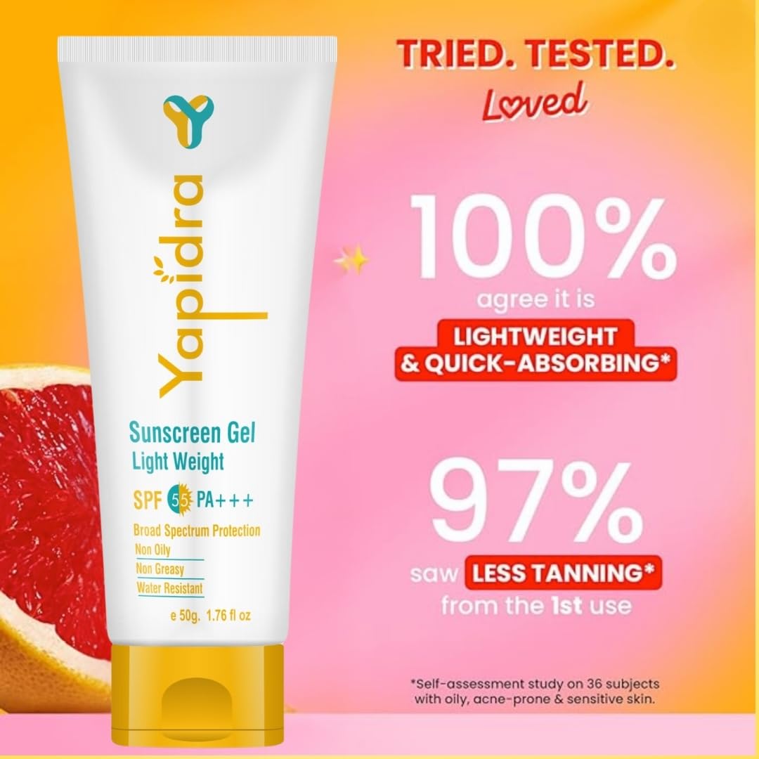 Yapidra Sunscreen Gel SPF 55 PA+++ | Lightweight, Non-Oily & Non-Greasy | Moisturizing, Non-White Casting, Water-Resistant | Broad Spectrum UV Protection | For All Skin Types | 50g