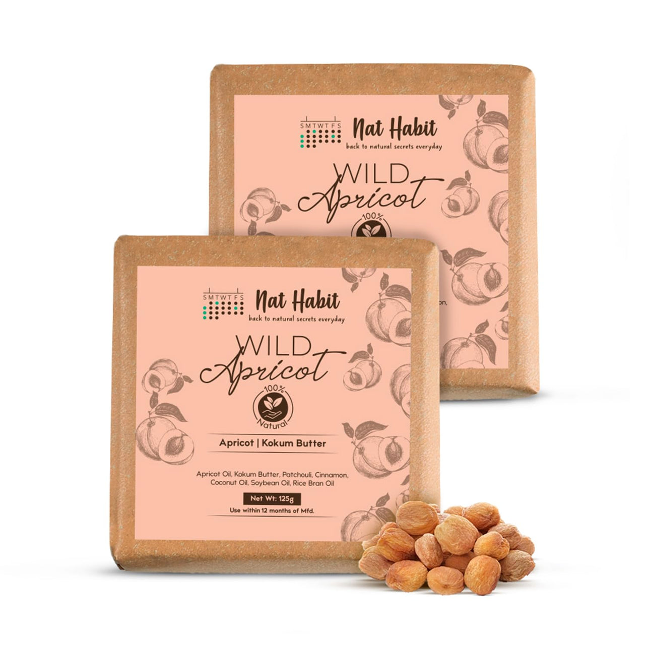 Nat Habit Wild Apricot Bath Soap Enriched With Vitamins C, Made With Cold Processed For Skin Brightening,Cleansing & Removing Taning (Pack of 2 x 125 gm)
