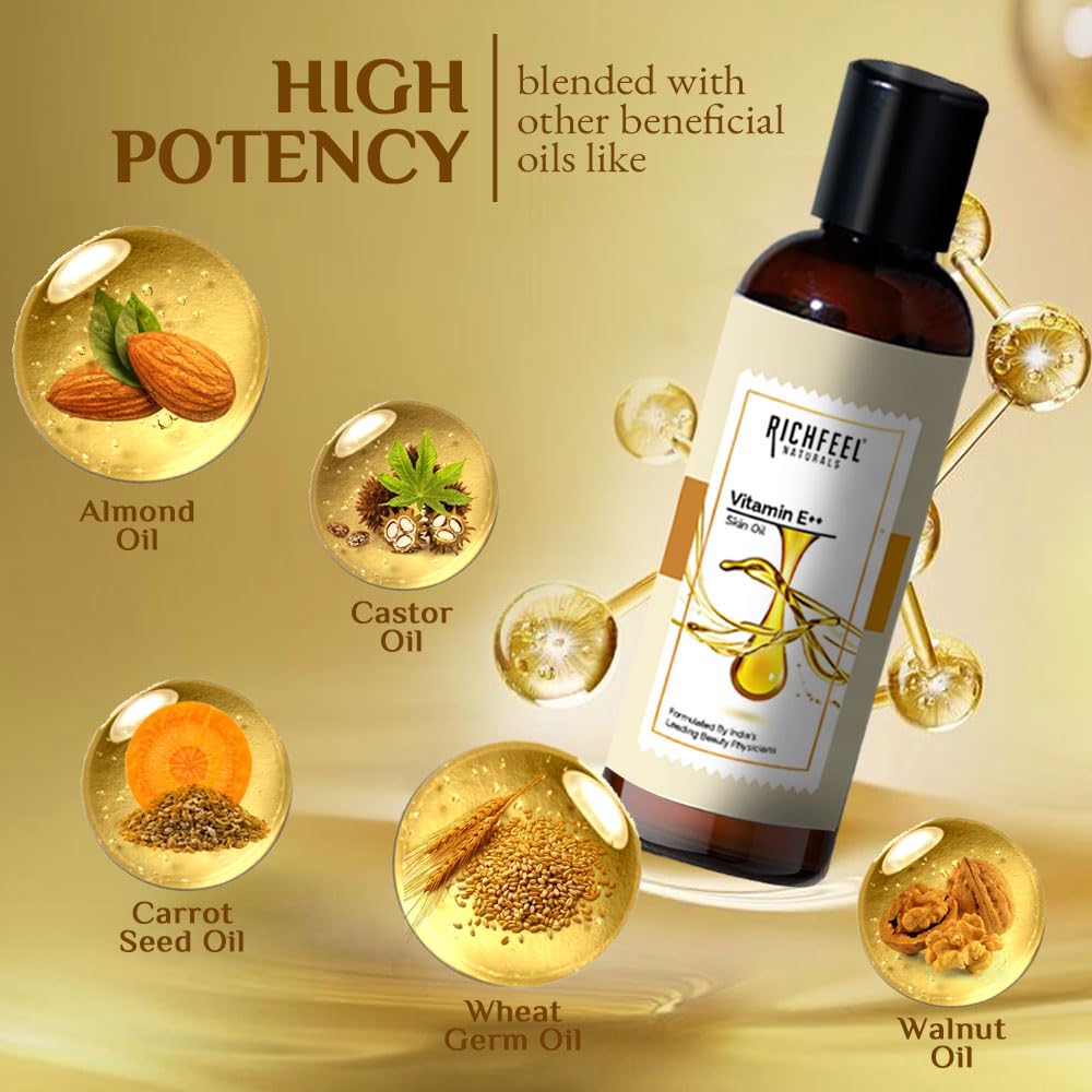 Richfeel Vitamin E Oil | Blend of Almond, Wheatgerm, Walnut & Carrot Oils | Physician Formulated | Antioxidant | Fight Dullness, Damage & Ageing of Skin | Anti-Stretch Marks and Scars | 80 ML