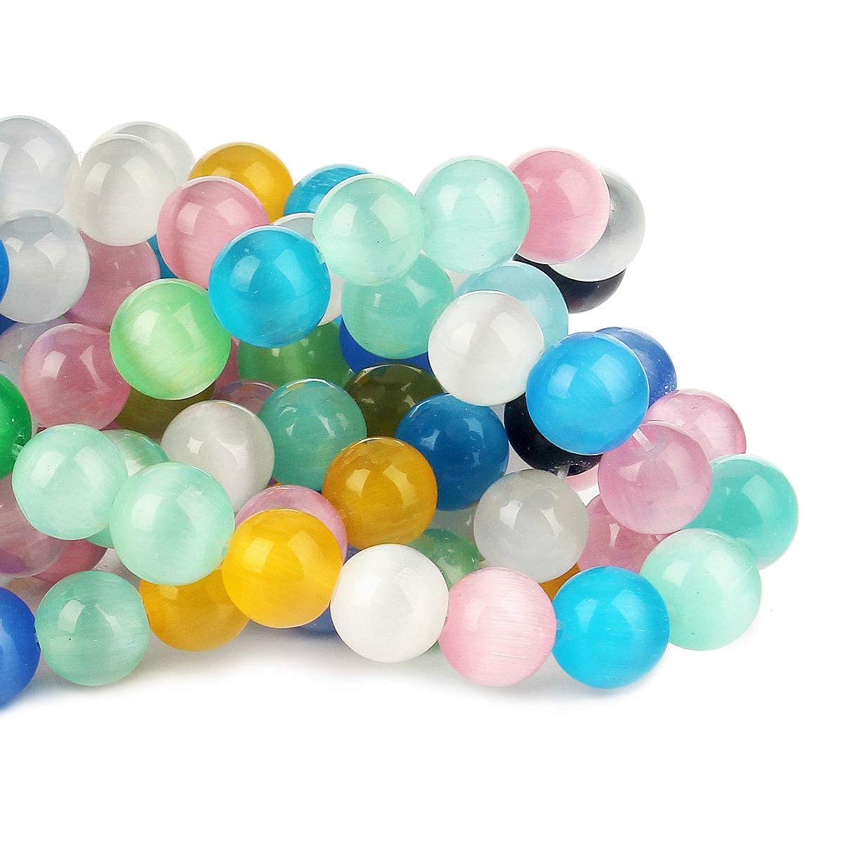 70PCS Natural 8MM Healing Gemstone, Synthetic Cat’s Eye Energy Stone Round Loose Beads, Semi-Precious Crystal Beads with Free Elastic String for Jewelry Making DIY