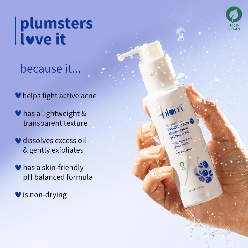 Plum 1% Salicylic Acid Clearly Gentle Gel Face Wash with Blueberry | Helps fight active acne | Gentle & non-drying | For oily, acne-prone skin | Beginner-friendly | All genders | 100% Vegan | 100 ml