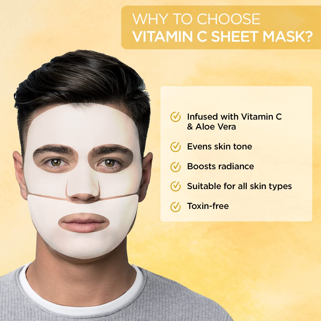 The Man Company Vitamin C Sheet Mask with Hyaluronic Acid & Lemon | Boosts Collagen, Brightening | Improves Skin Tone, Deep Cleanses & Removes Excess Oil - 25ml