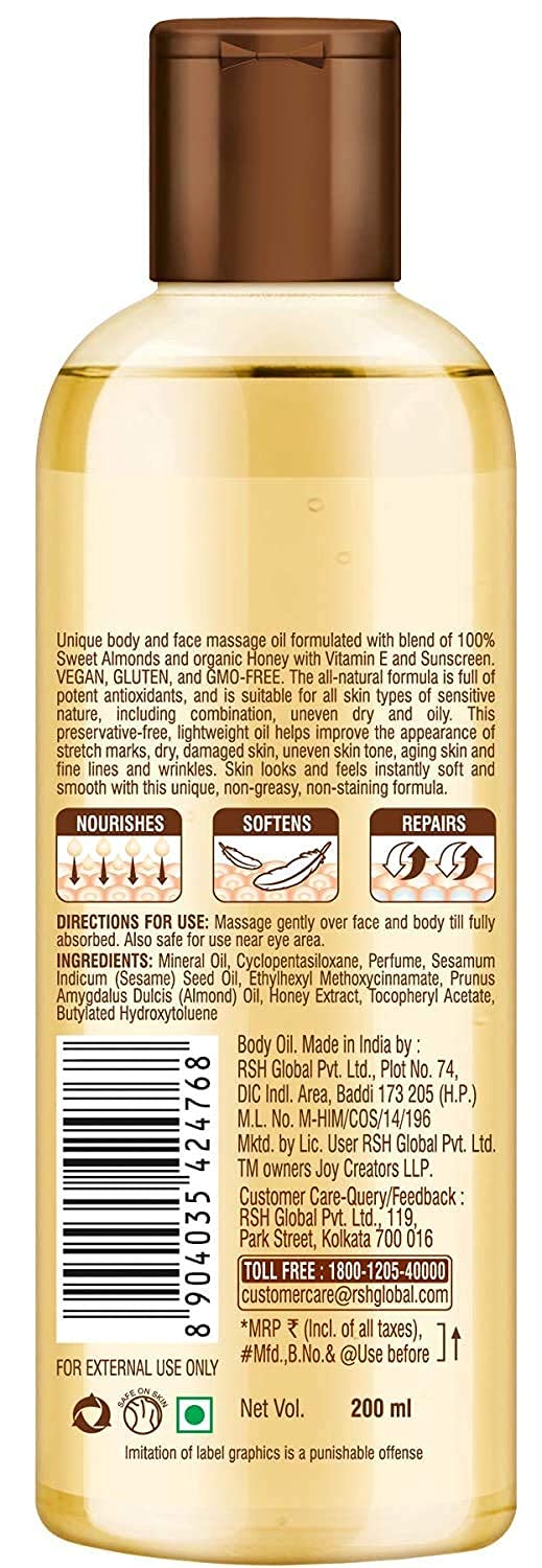 Joy Honey & Almonds Body Oil – After-Bath Daily-Use Badam Massage Oil with Vitamin E & Sunscreen | Full-Body Relaxation, Dry-Skin & Summer Moisture | 200 ml