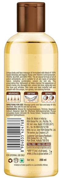 Joy Honey & Almonds Body Oil – After-Bath Daily-Use Badam Massage Oil with Vitamin E & Sunscreen | Full-Body Relaxation, Dry-Skin & Summer Moisture | 200 ml
