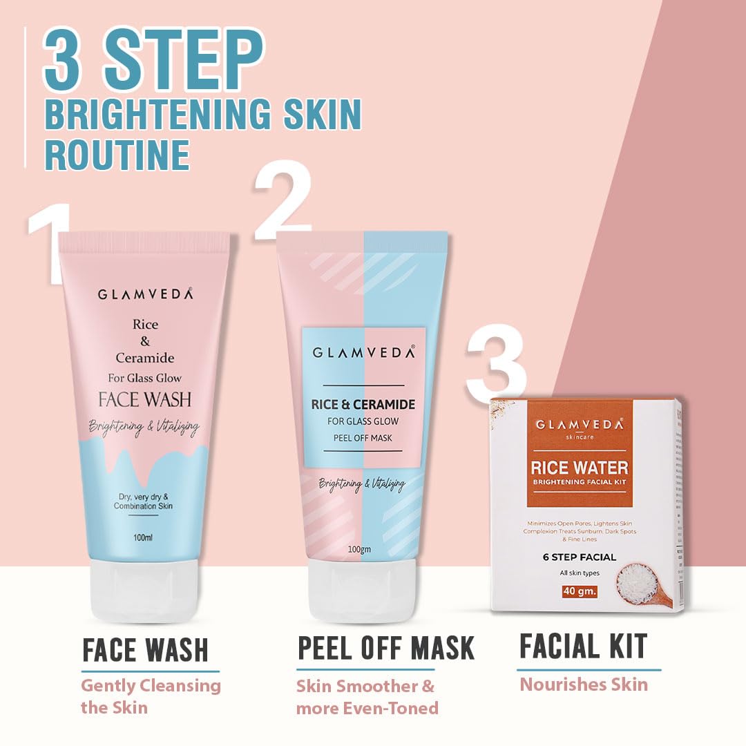 Glamveda Rice & Ceramide Combo Gift Pack | Skin Brightening & Anti Dullness | Face Wash, Facial Kit & Peel Off Mask | SLS, Paraben Free