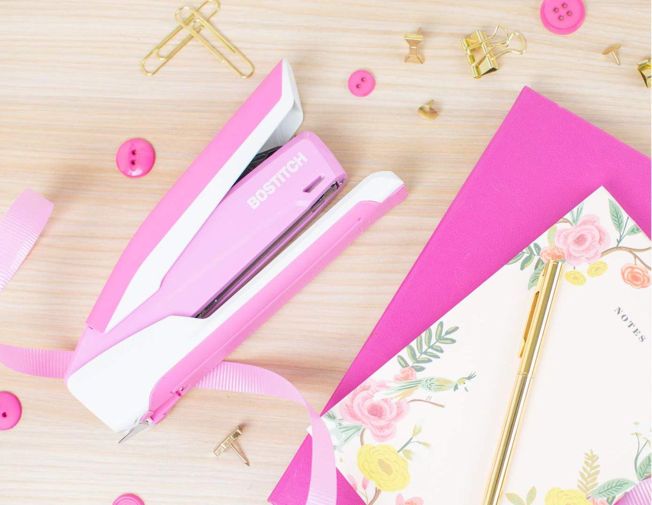 Bostitch Office InPower Spring-Powered Desktop Stapler, 20 Sheet Capacity, One Finger Stapling, Includes 210 Staples, Jam Free, Opens for Tacking, Breast Cancer Awareness Pink