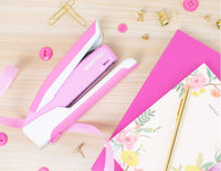 Bostitch Office InPower Spring-Powered Desktop Stapler, 20 Sheet Capacity, One Finger Stapling, Includes 210 Staples, Jam Free, Opens for Tacking, Breast Cancer Awareness Pink