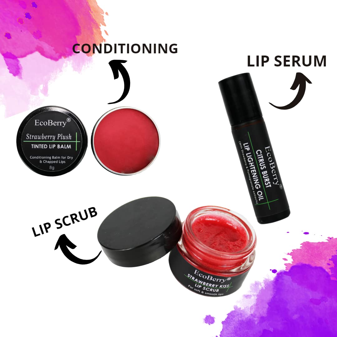 EcoBerry Strawberry Kiss Lip Scrub Lip Scrub For Natural Pink Lips Dry, Chapped Lips, Supple Moisturizing Conditioning, Enriched with Strawberry Extracts, Natural & Handmade, Mineral Oil Free, Paraben Free, Veg
