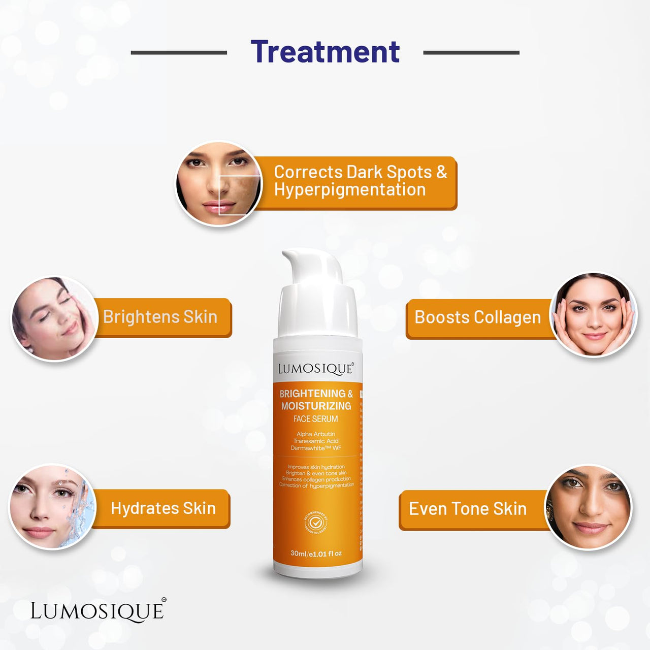 LUMOSIQUE® Brightening And Moisturizing Face Serum for Hydrates, Brightens & Evens tone Skin, Boosts Collagen & Corrects Hyperpigmentation | Oily, Dry, Sensitive & Combination Skin | MEN & WOMEN, 30ml