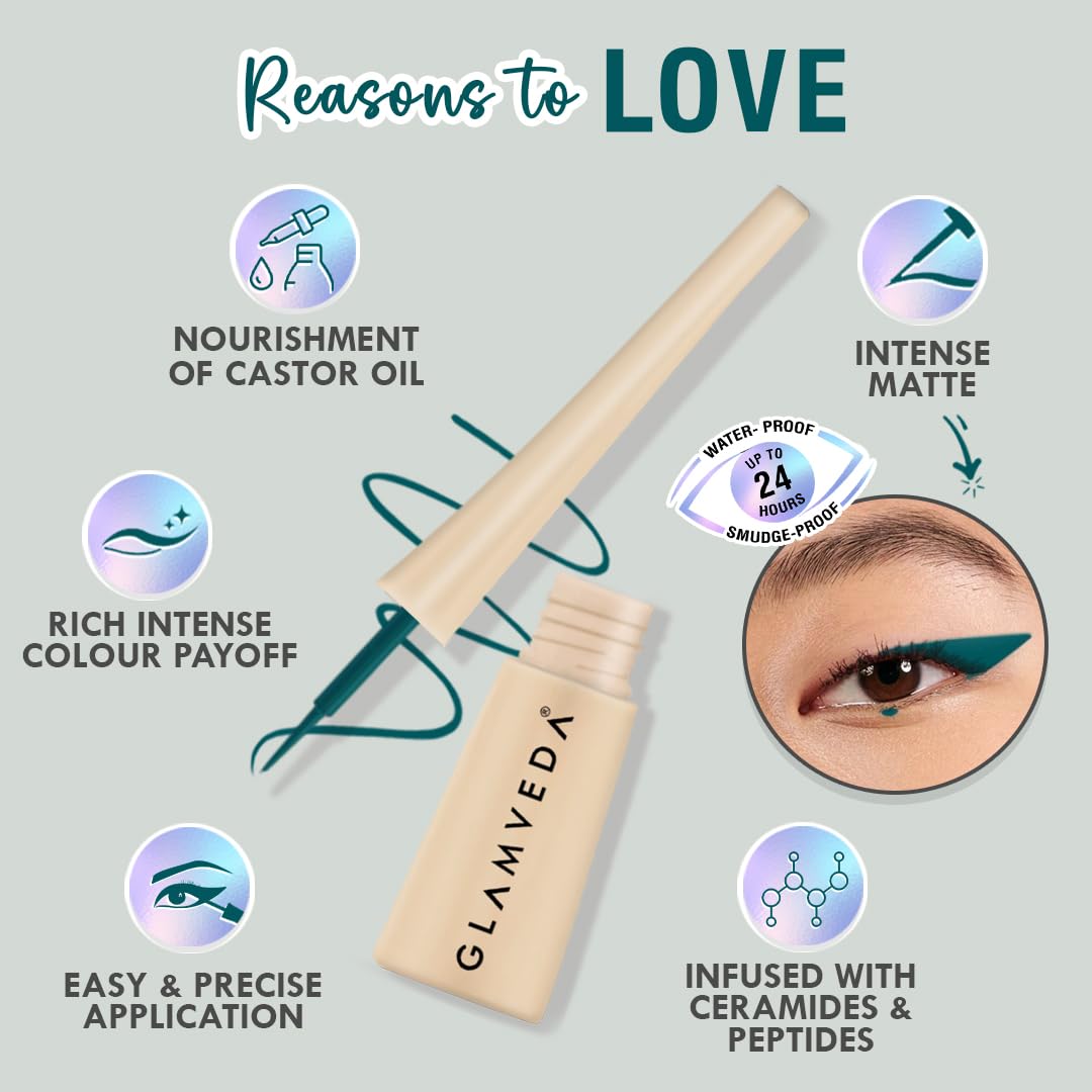 Glamveda Super Matte Liquid Eyeliner – Teal Green, Smudge-Proof, Waterproof, Quick Drying | 24-Hour Long Stay | Smooth Application | Bold, Clean, Smudge-Free Look