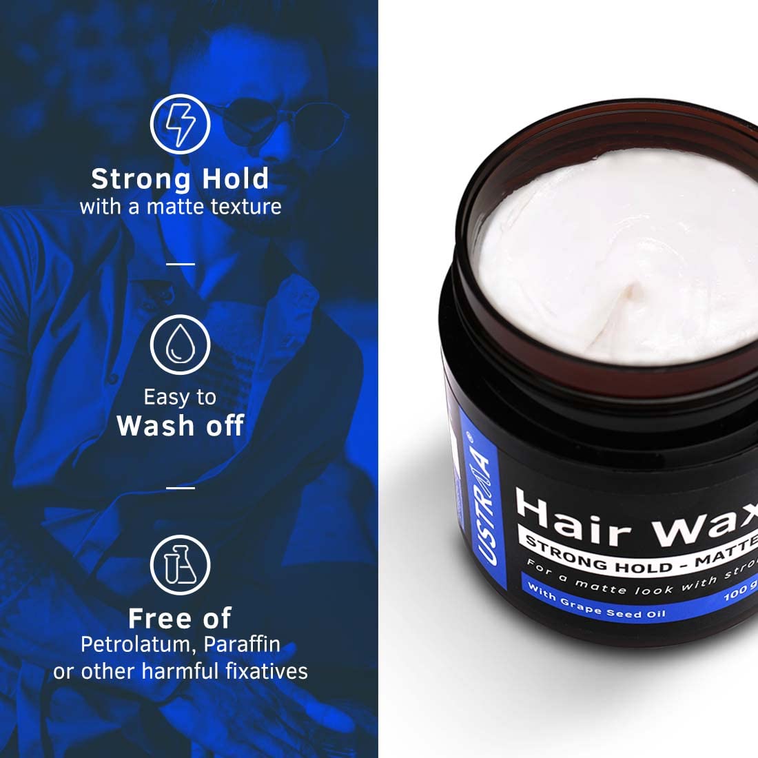 Ustraa Strong Hold Hair Wax - Matte Look 100g - (Set of 2) | Non-sticky Wax, Easy-to-Wash Strong Hold | For Non-glossy Matte Finish | Without harmful chemicals or fixatives