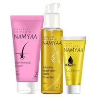 Namyaa Haldi Chandan Intimate Hygiene Wash & Hair Removing Cream & Natural Lip Serum/Balm/Lightener/Moisturizer For Lip Lightening/Brightening/Toning/Moisturizing, 30 g