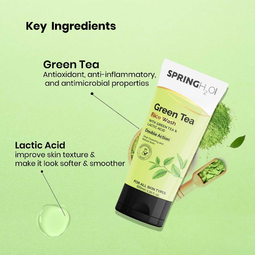 SPRING H2O Green Tea Face Wash | Deep Cleansing & Acne Control with Hydrating Formula | Refreshing Gel Cleanser for All Skin Types 100ml | Pack of 2