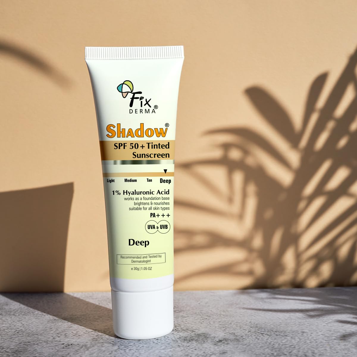 Fixderma Shadow Tinted Sunscreen Deep SPF 50 PA+++ | 1% Hyaluronic Acid & Vitamin E | Brightens & Nourishes the Skin | UVA & UVB Protection | Lightweight | No White Cast | For All Skin Types - 30gm