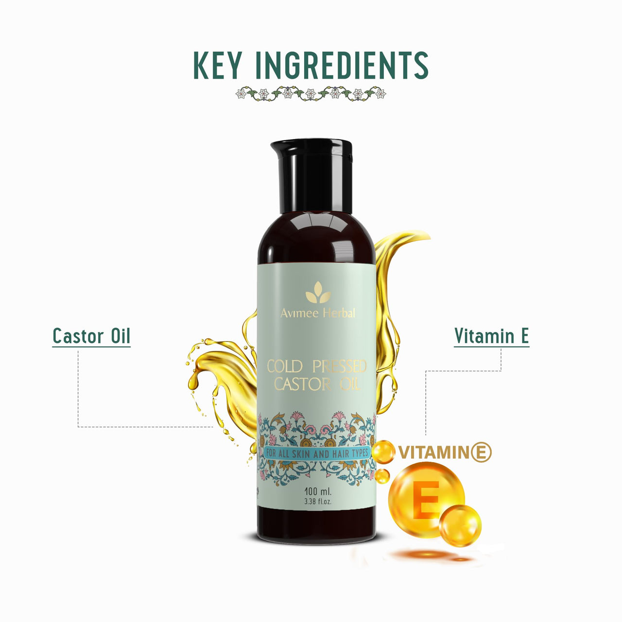 Avimee Herbal Keshpallav Cold Pressed Organic Castor Oil - 100 ml | for Hair Growth & Adds Shine | Strengthens Hair, Repairs Damaged & Dry Skin, Strong Nails | with Vitamin E & Mineral Oil