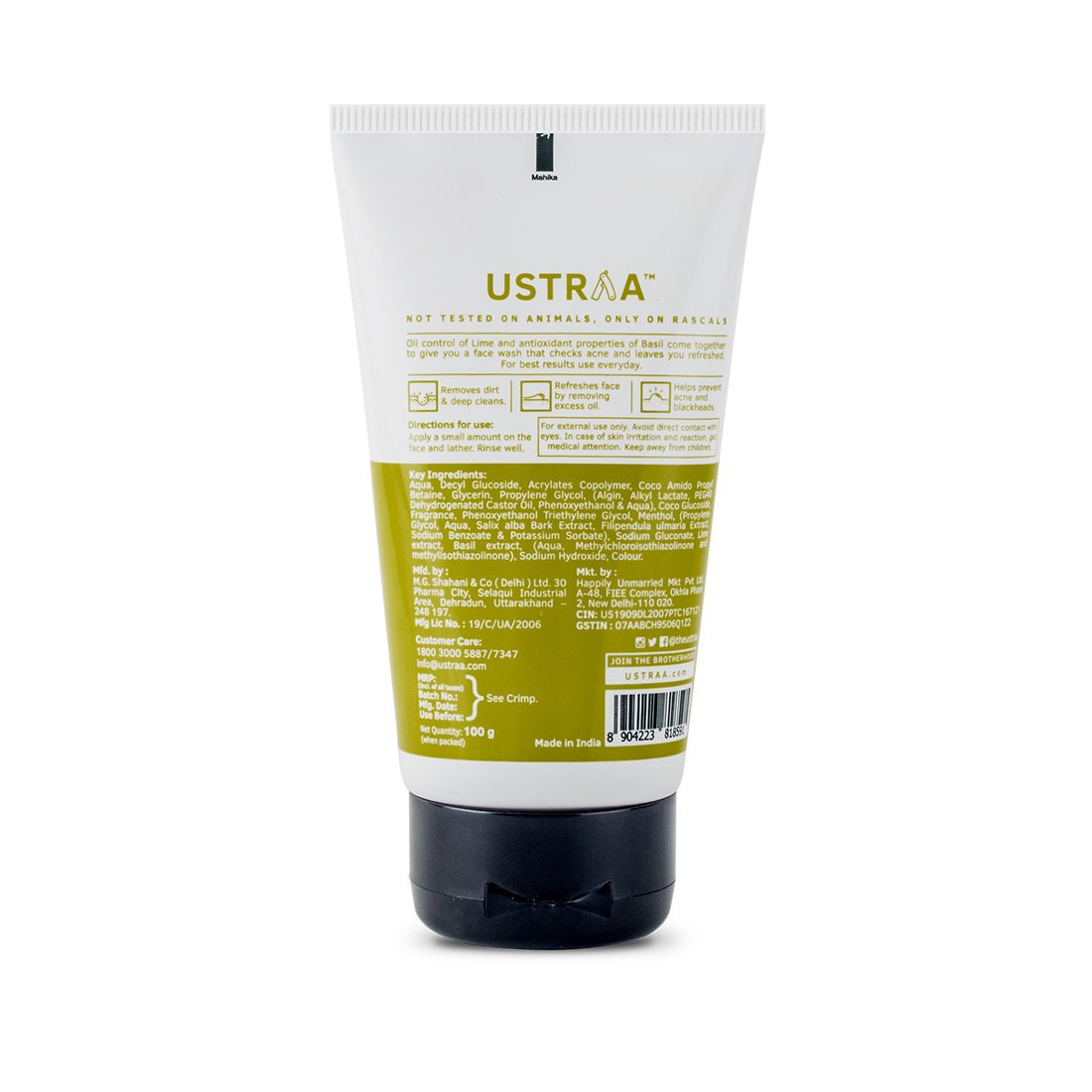 Ustraa Face Wash - Oily Skin - 2 x 100g (Pack of 2) - With Basil & Key Lime - For Acne-Prone Skin | No SLS | Checks Acne & Blackheads | Control Excess Oil, Removes Dirt and Helps Repair Skin