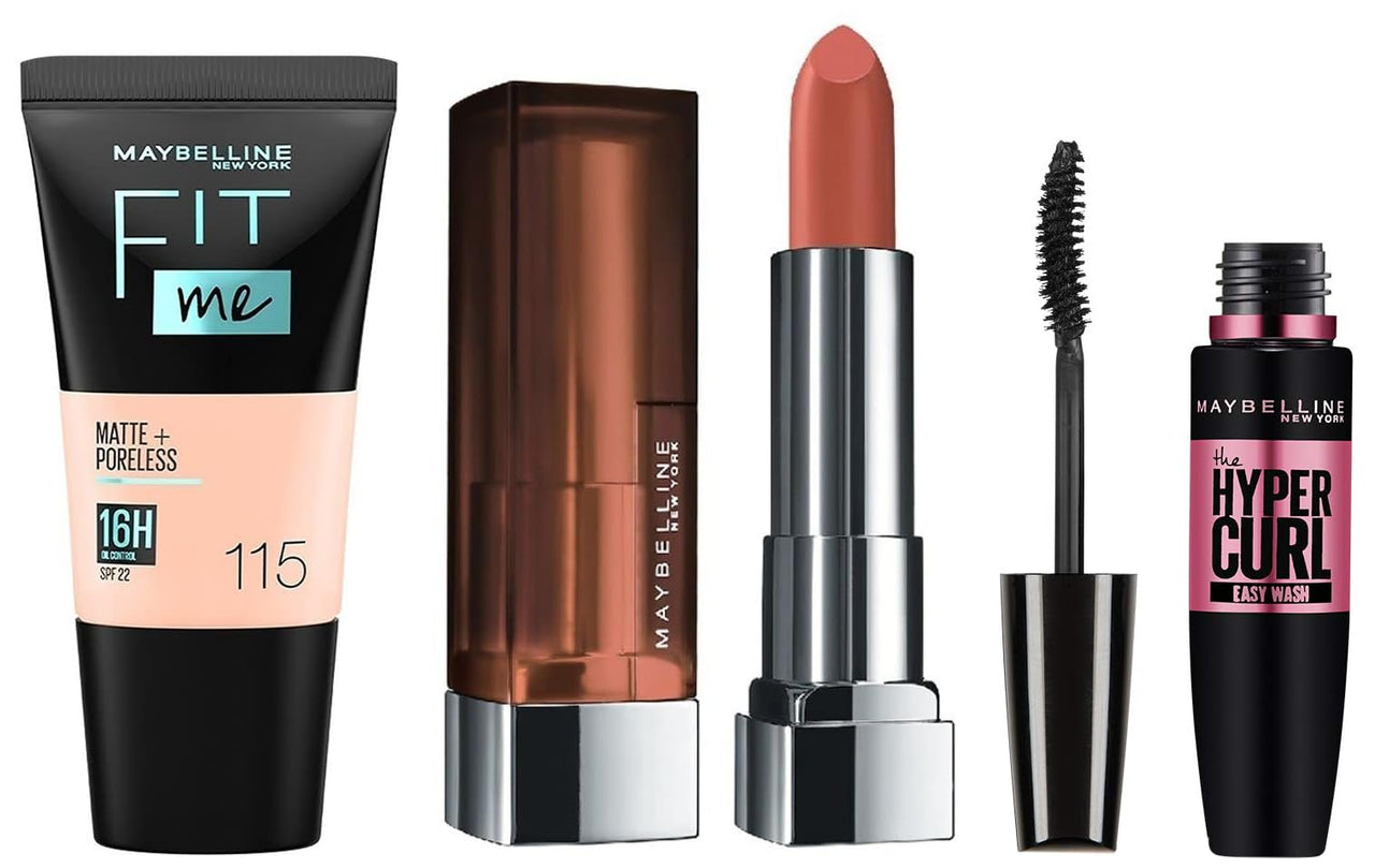 Maybelline New York Prom Queen Makeup Kit - Fit Me Foundation Tube Ivory + Hypercurl Mascara Washable + Creamy Matte Nude Nuance, Pack Of 1