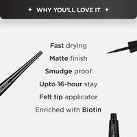 BELLAVITA Intense Drama Waterproof Smudge Proof Eyeliner 3.5ml, Black, Matte Finish, Fast-Drying, Felt Tip Applicator, Enriched with Biotin