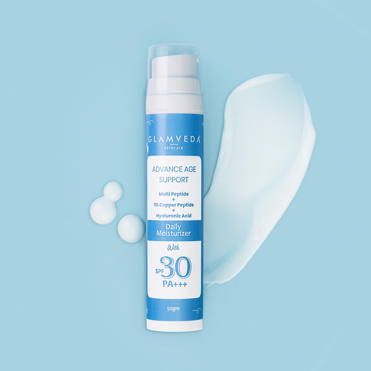 Glamveda 1% Copper peptide Advance Age Support Sunscreen SPF 30 +++ for Men and Women with Centella Asiatica | Broad-spectrum Sunscreen with Advanced Blue Light Filter | UVA/UVB Protection | 50gm