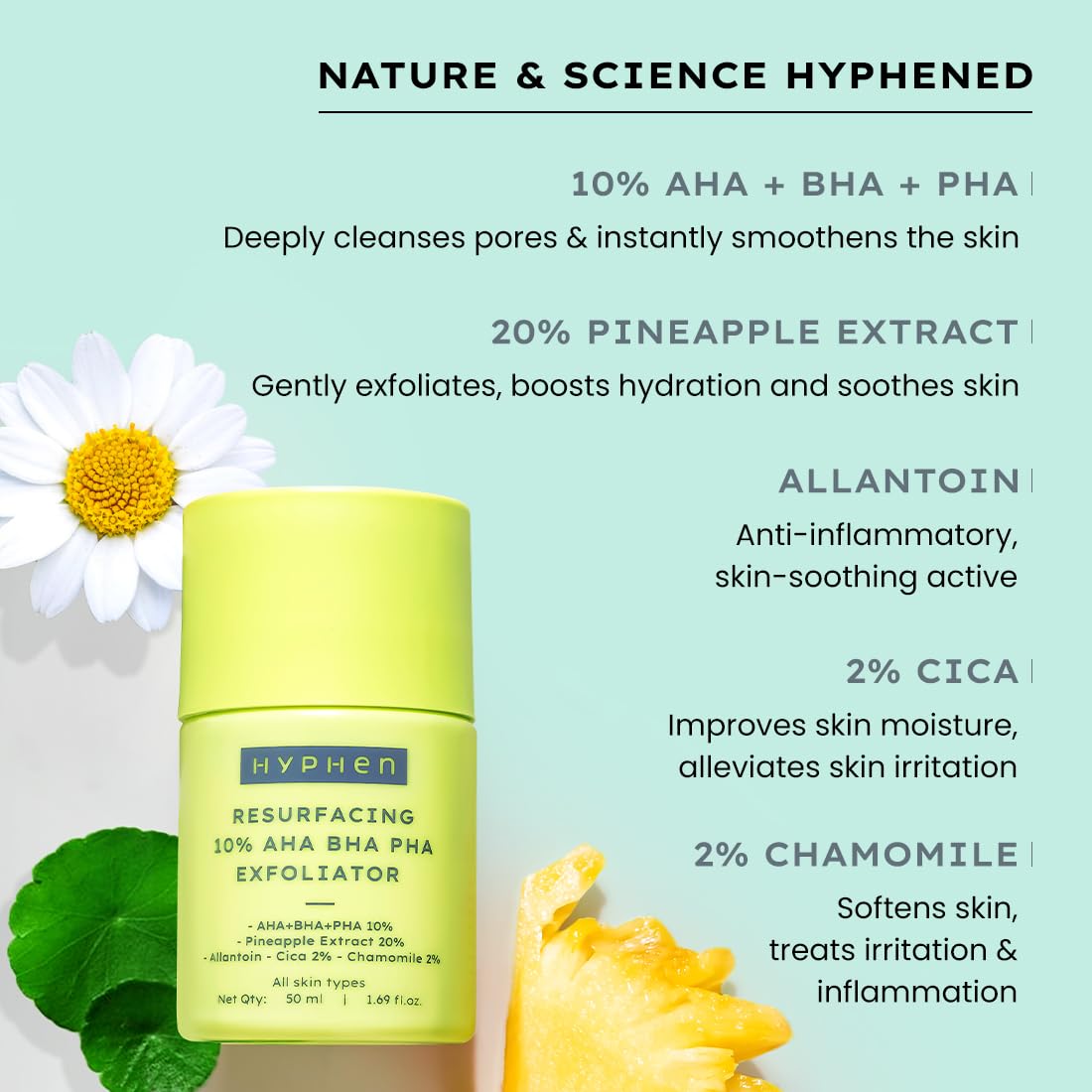 Hyphen Resurfacing 10% AHA BHA PHA Exfoliator | Instant Exfoliation with 20% Pineapple Extract | Leave-on Serum | Smoothens Texture, Unclogs Pores, Non-irritating | Facial Serum for Men & Women - 50ml