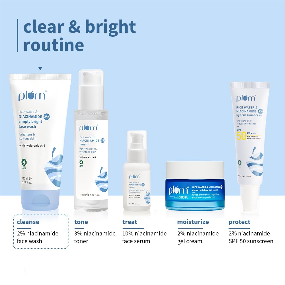 Plum Simply Bright 2% Niacinamide Face Wash with Rice Water | Brightens, Softens & Smoothens Skin | for Oily, Acne Prone, Dry, Normal, Sensitive Skin | Gentle & Non-Drying | for Men & Women | 150ml