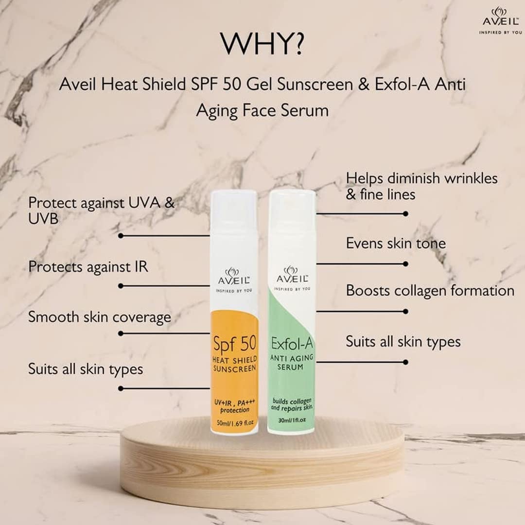 AVEIL Heat Shield SPF 50 Gel Sunscreen 50 ml & Exfol-A Anti Aging Face Serum 30 ml Combo Pack With Collagen Building | Overnight Repair & Firming Formula | For All Skin Types