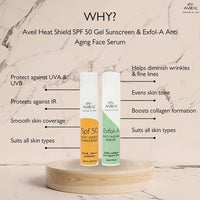AVEIL Heat Shield SPF 50 Gel Sunscreen 50 ml & Exfol-A Anti Aging Face Serum 30 ml Combo Pack With Collagen Building | Overnight Repair & Firming Formula | For All Skin Types