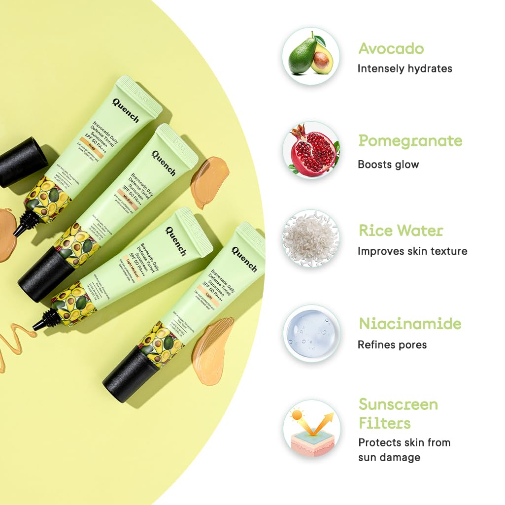 QUENCH BOTANICS Quench Daily Defense Tinted Sunscreen SPF 50 PA+++ for Glowing Skin with Avocado & 2% Niacinamide | Normal Blue Light Protection | Satin-Matte Finish | Made in Korea (Light, 50ml)
