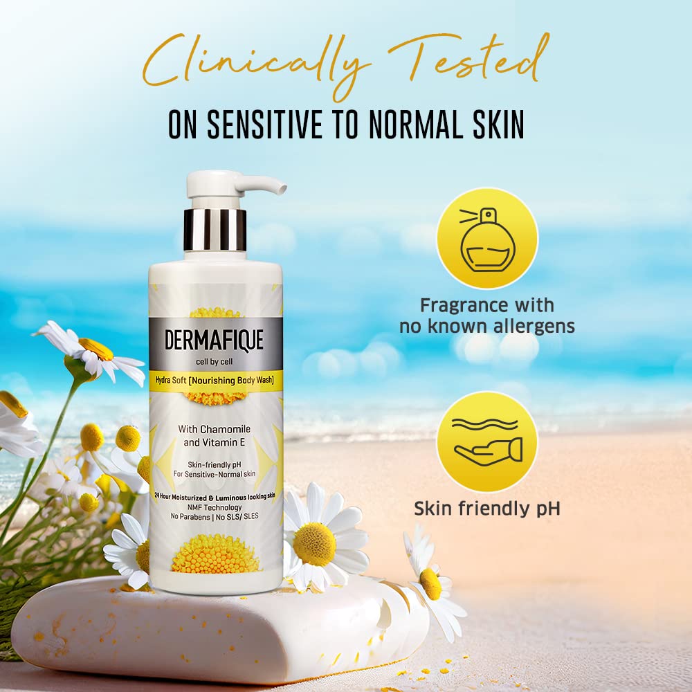 Dermafique Hydra Soft Nourishing Body Wash – 500ml, Showergel for Women & Men, No Parabens/SLS/SLES, With Vitamin E & Chamomile, Suitable for Sensitive - Normal Skin | Dermatologist Tested