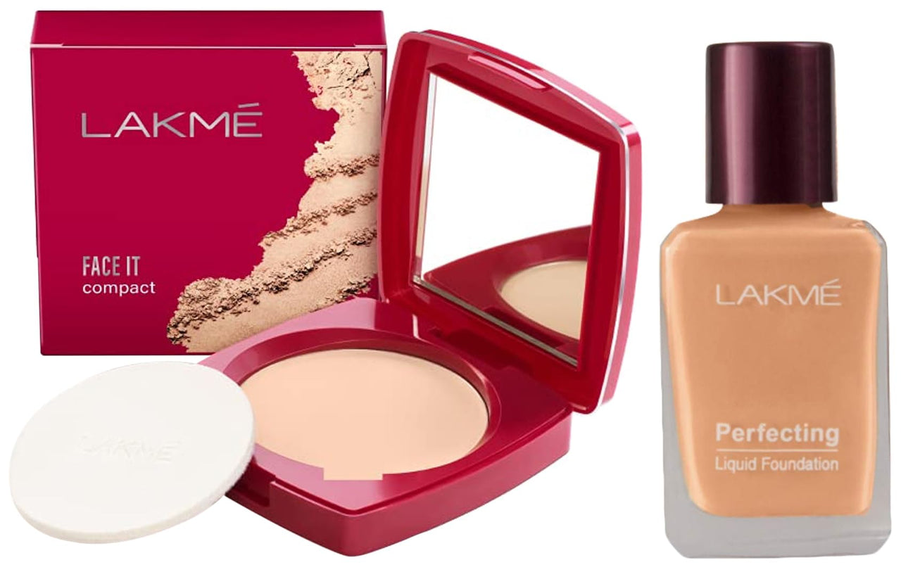 Lakmé Face It Compact, Shell, 9 g & Lakmé Perfecting Liquid Foundation, Shell, Waterproof Full Coverage Long Lasting - Light Oil Free Face Makeup with Vitamin E, Dewy Finish Glow, 27 ml
