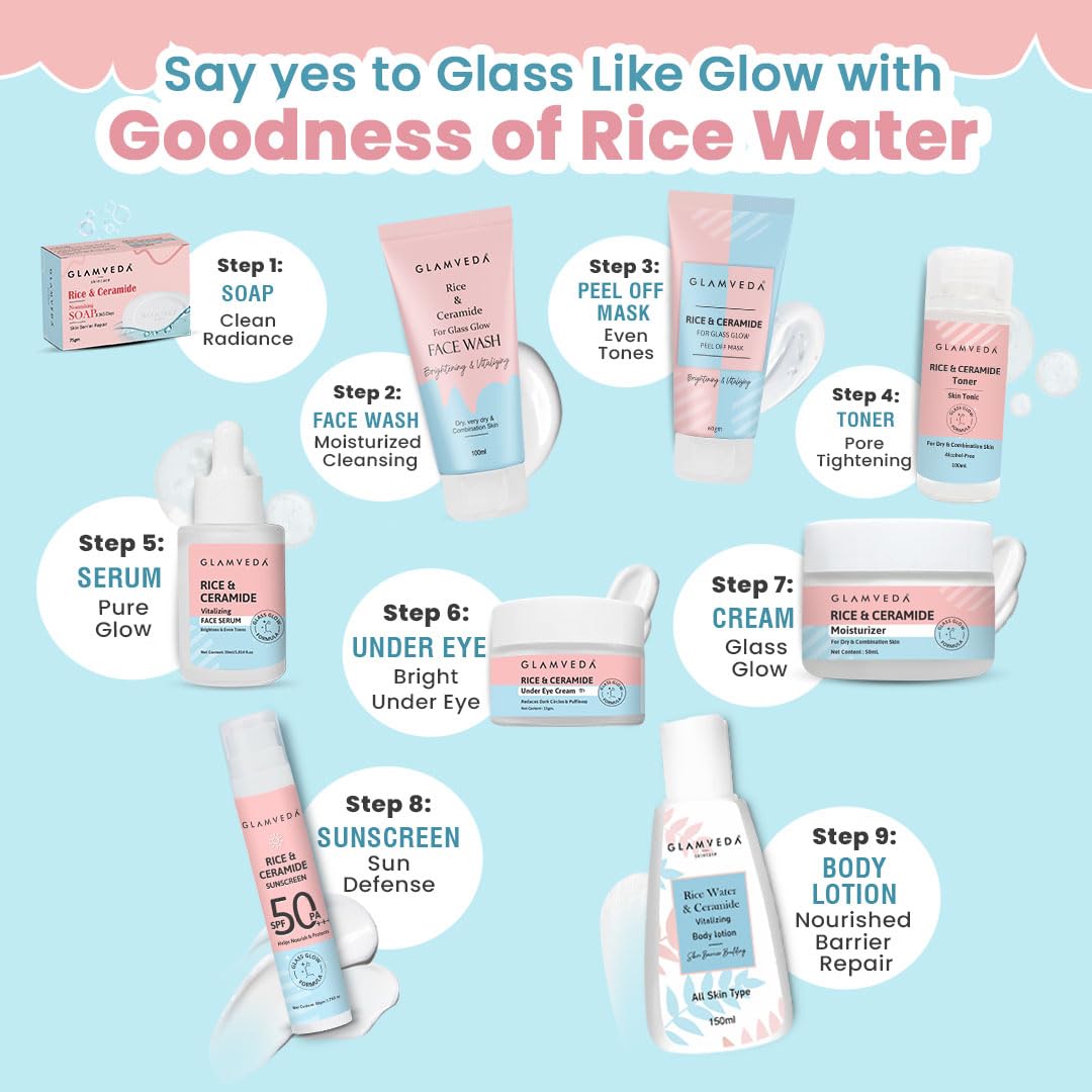 Glamveda Korean Rice & Ceramide 7 Step Weekly Skincare Routine For Women with Gift Box | Face wash, Peel Off Mask, Toner, Serum, Under eye cream, Moisturizer & Sunscreen