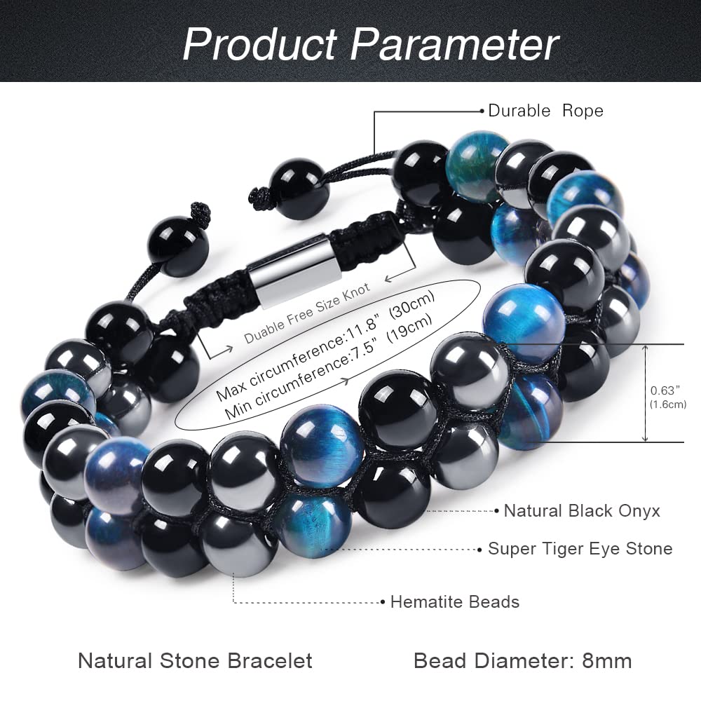 DHQH Triple Protection Bracelet 8/10MM Hematite Black Agate Tigers Eye Stone Bracelet Healing Crystal Natural Stone Bead Bracelets for Men Bring Prosperity Luck B-Blue Triple Bracelet 2