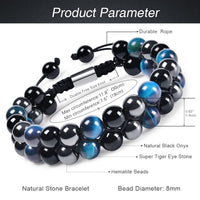 DHQH Triple Protection Bracelet 8/10MM Hematite Black Agate Tigers Eye Stone Bracelet Healing Crystal Natural Stone Bead Bracelets for Men Bring Prosperity Luck B-Blue Triple Bracelet 2
