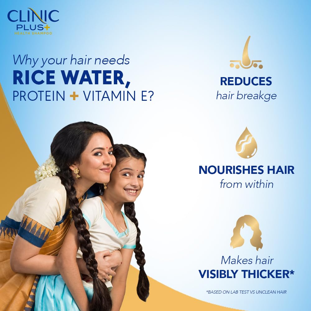 Clinic Plus Strong & Thick Shampoo with Rice water,Protein & Vitamin E for Hair Strengthening, Breakage Reduction and Thicker Hair,355 ml.