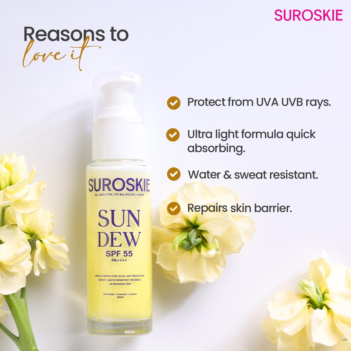 Suroskie Sun Dew Spf 55 Pa++++ (50Gm) | For Uva/B Protection | Sweat & Water Resistant | No White Cast | Infused With Ceramides | Repair Skin Barrier | All Skin Types | Sunscreen For Men & Women