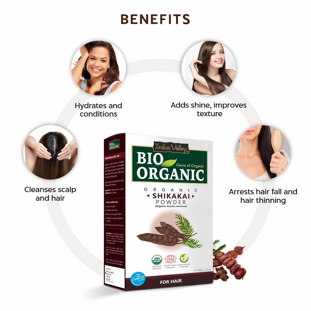 INDUS VALLEY Bio Organic Natural Shikakai Powder | Acacia concinna with Amla Powder | Indian Gooseberry for Hair Care - (100g+100g=200g)