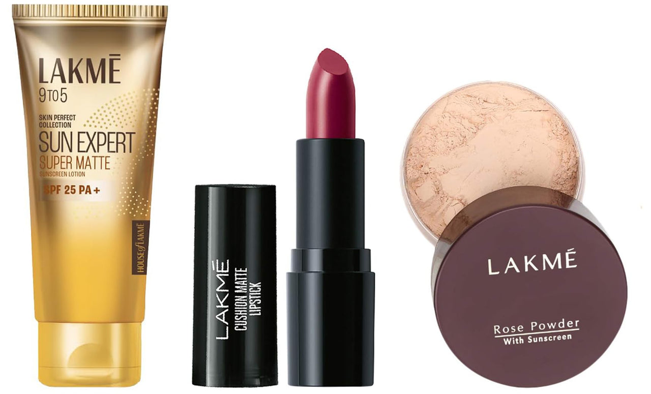 LAKMÉ Rose Loose Face Powder, Matte Finish & Cushion Matte Lipstick, Pond's Light Moisturizer Pack of 3
