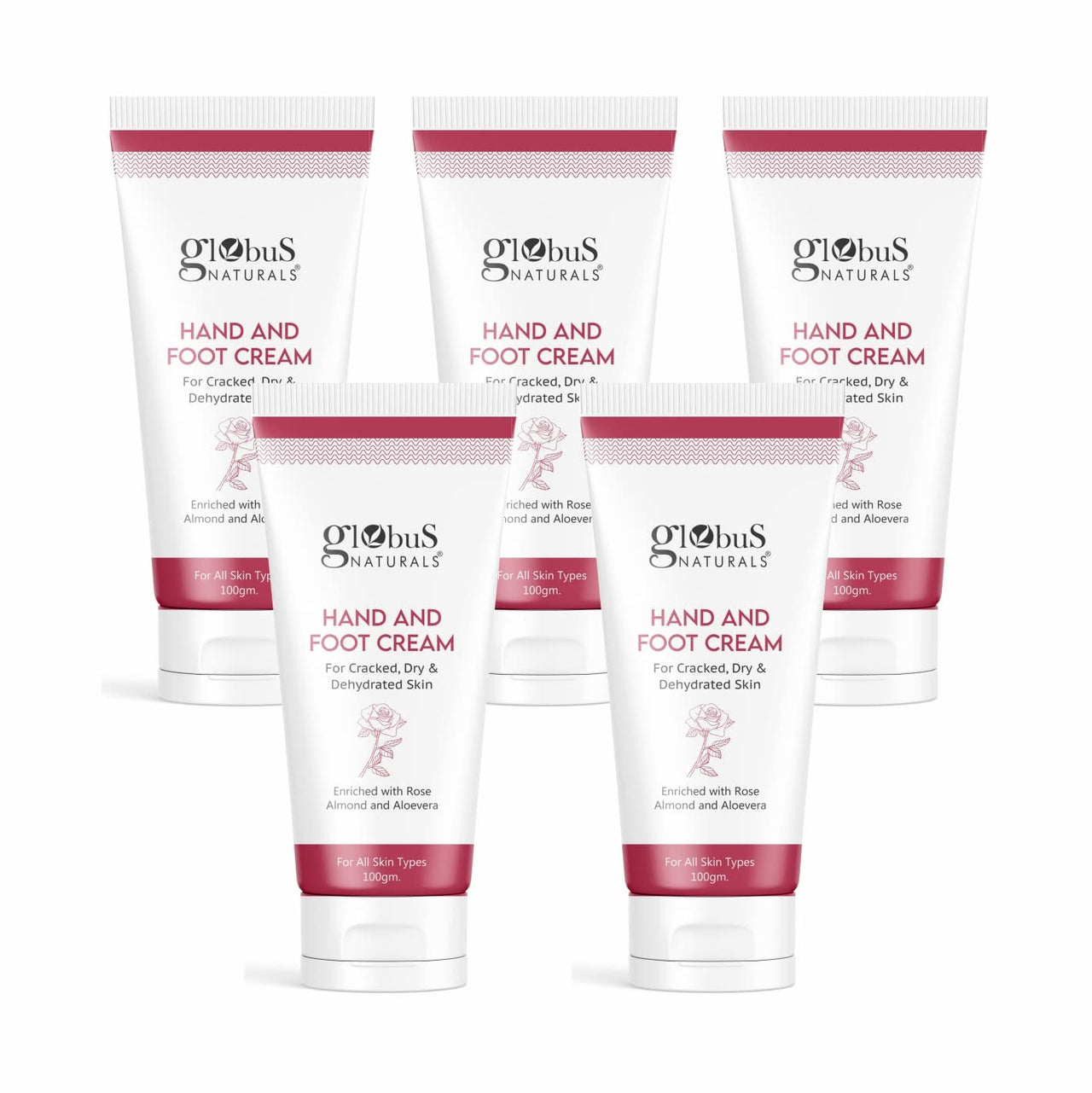 Globus Naturals Nourishing Hand & Foot Cream, Enriched with Rose & Anantmool, For Nourished, Moisturised Hands & Feet, Suitable for All Skin Types 100 gms (Pack of 5)
