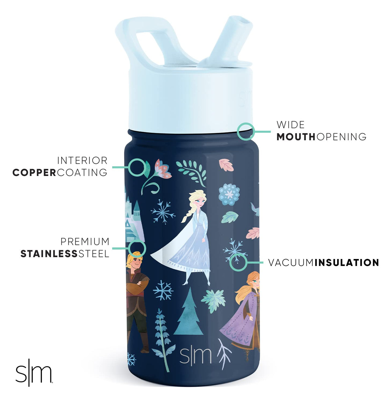 Simple Modern Disney Frozen Kids Water Bottle with Straw Lid | Reusable Insulated Stainless Steel Cup for Girls, School | Summit Collection | 14oz, Anna and Elsa