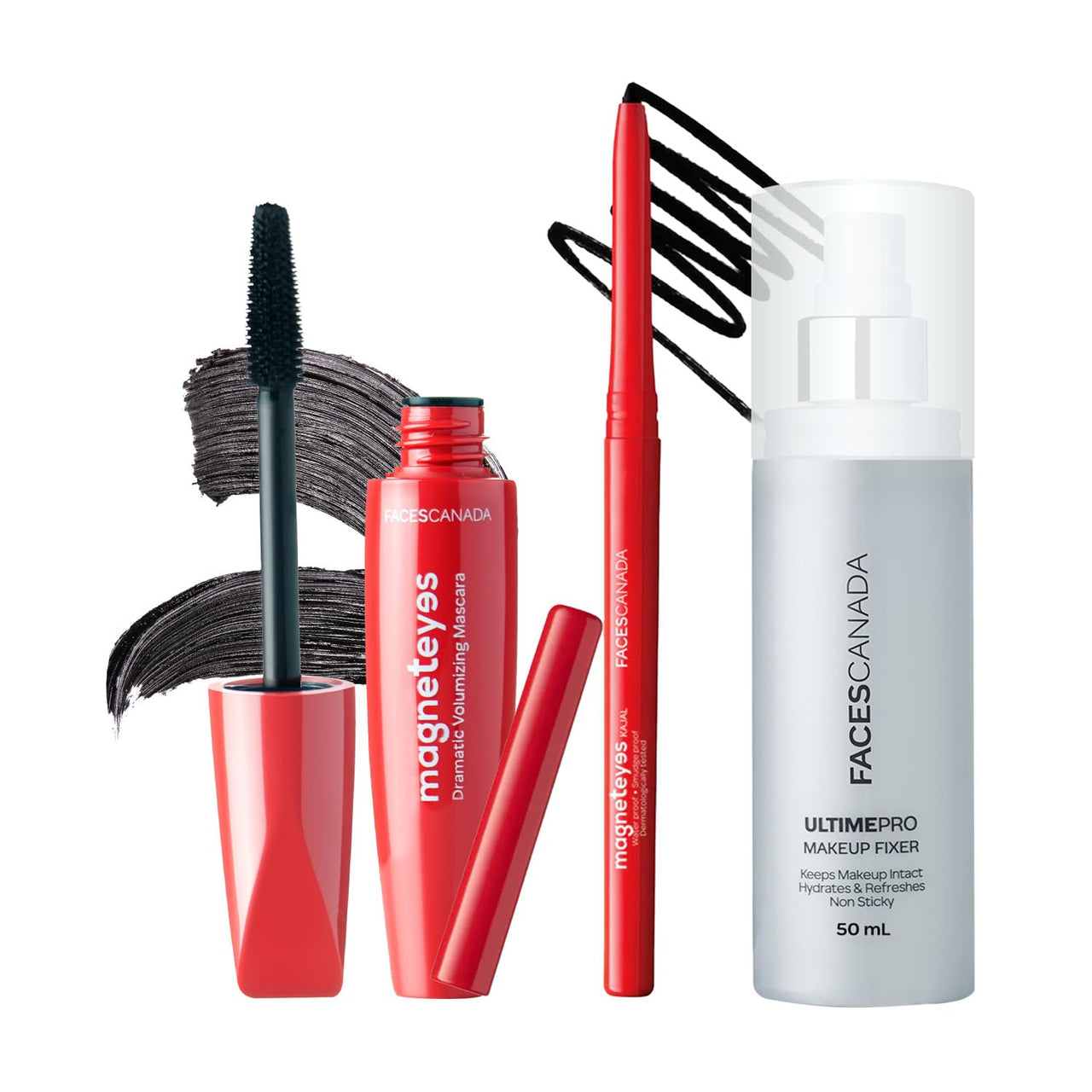 FACES CANADA Dramatic Eyes Combo - Magneteyes Kajal - Black (0.35 gm) + Magneteyes Dramatic Volumizing Mascara - Black (9.5 ml) + Ultime Pro Makeup Fixer (50 ml) | Long Lasting Makeup Setting Spray | Waterproof & Smudgeproof
