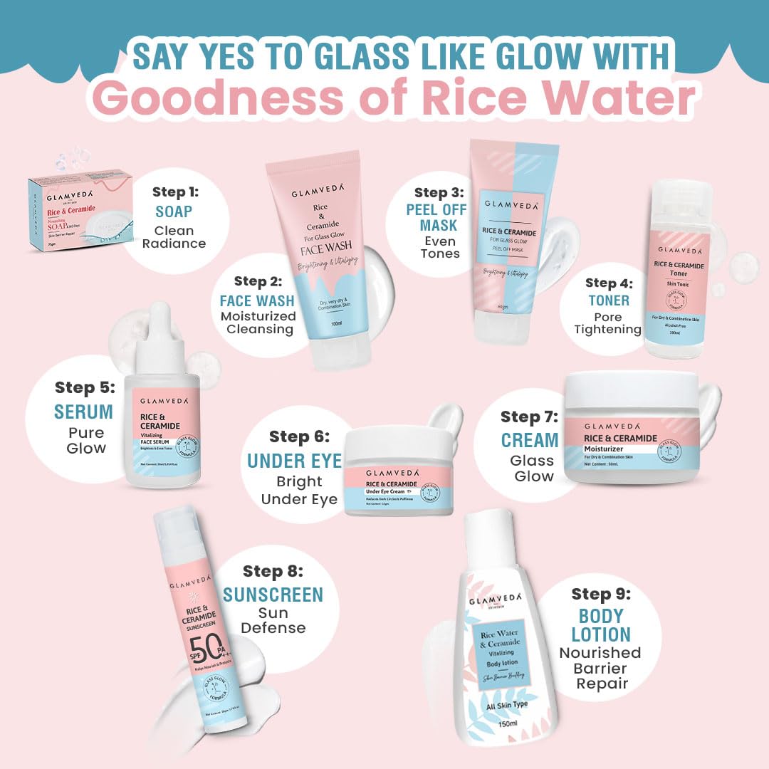 Glamveda Rice & Ceramide Morning 4 Step Skincare Routine For Women with Gift Box | Face Wash, Serum, Moisturizer & Sunscreen
