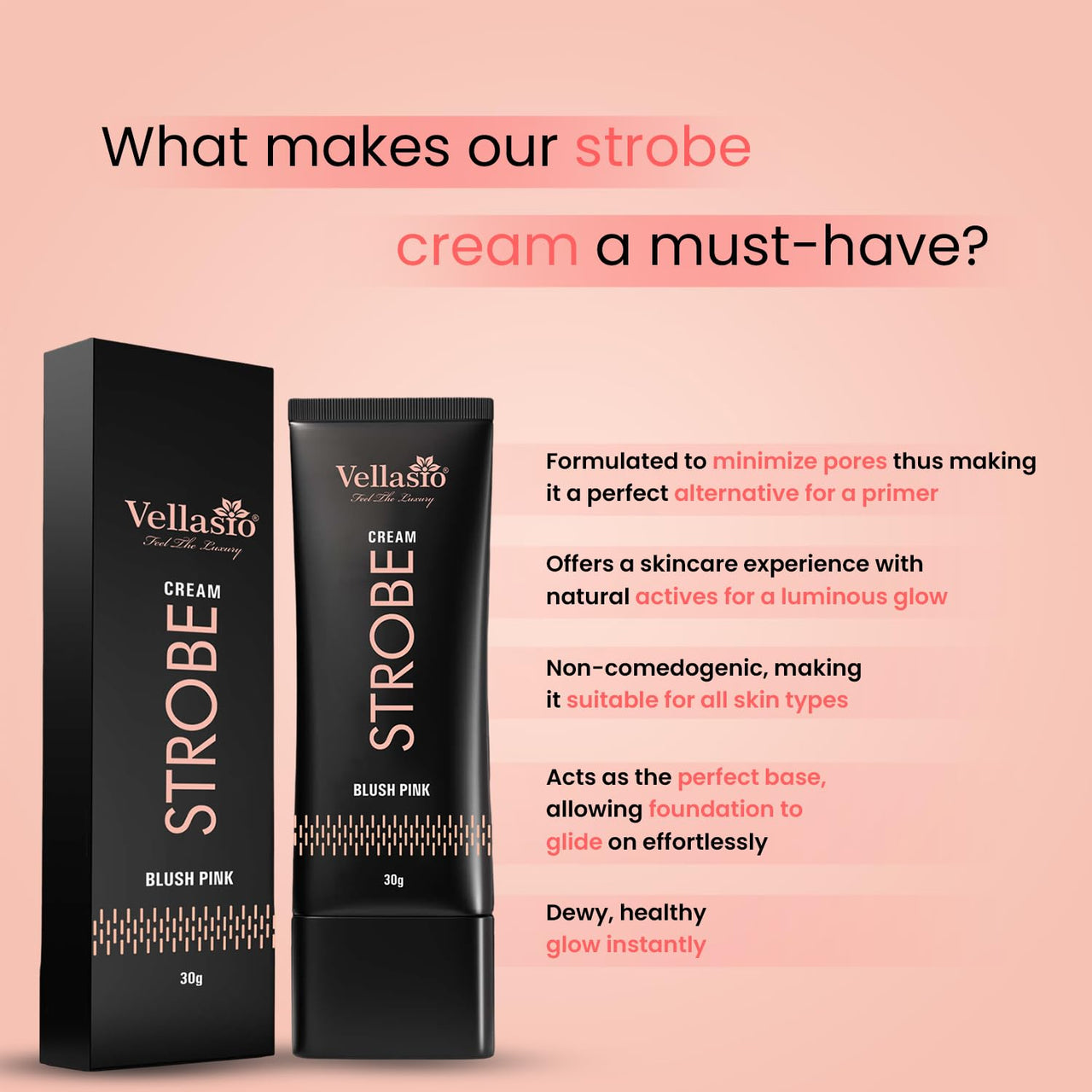 ellasio Strobe Cream - Blush Pink | Face Illuminator & Primer with Hyaluronic Acid, Squalene & Japanese Sakura | Dewy Glow, Hydration, Non-Comedogenic for All Skin Types - 30g