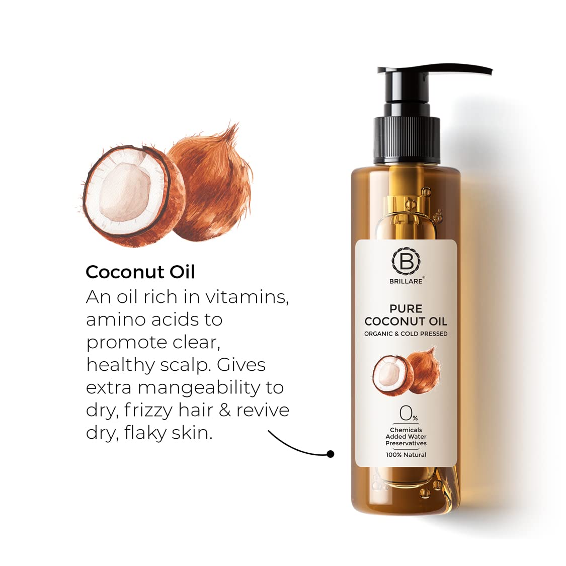 Brillare Pure Coconut Oil, 100 Percent Natural, Organic and Cold Pressed, Hair Oil 200 ML, Zero Chemicals & Brillare Pure Cold Pressed Castor Oil, 100 Percent Natural & Organic, 200 ML