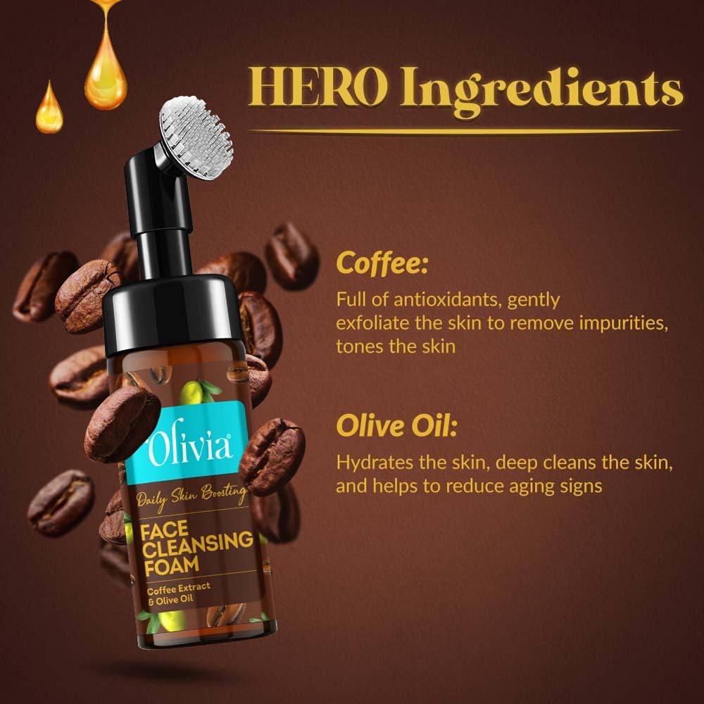 Olivia Daily Skin Boosting Face Cleansing Foam, Built In Brush Face Wash For Deep Cleansing, Massage, Exfoliate, Glowing Bright Skin With Coffee Extract & Olive Oil - 150Ml