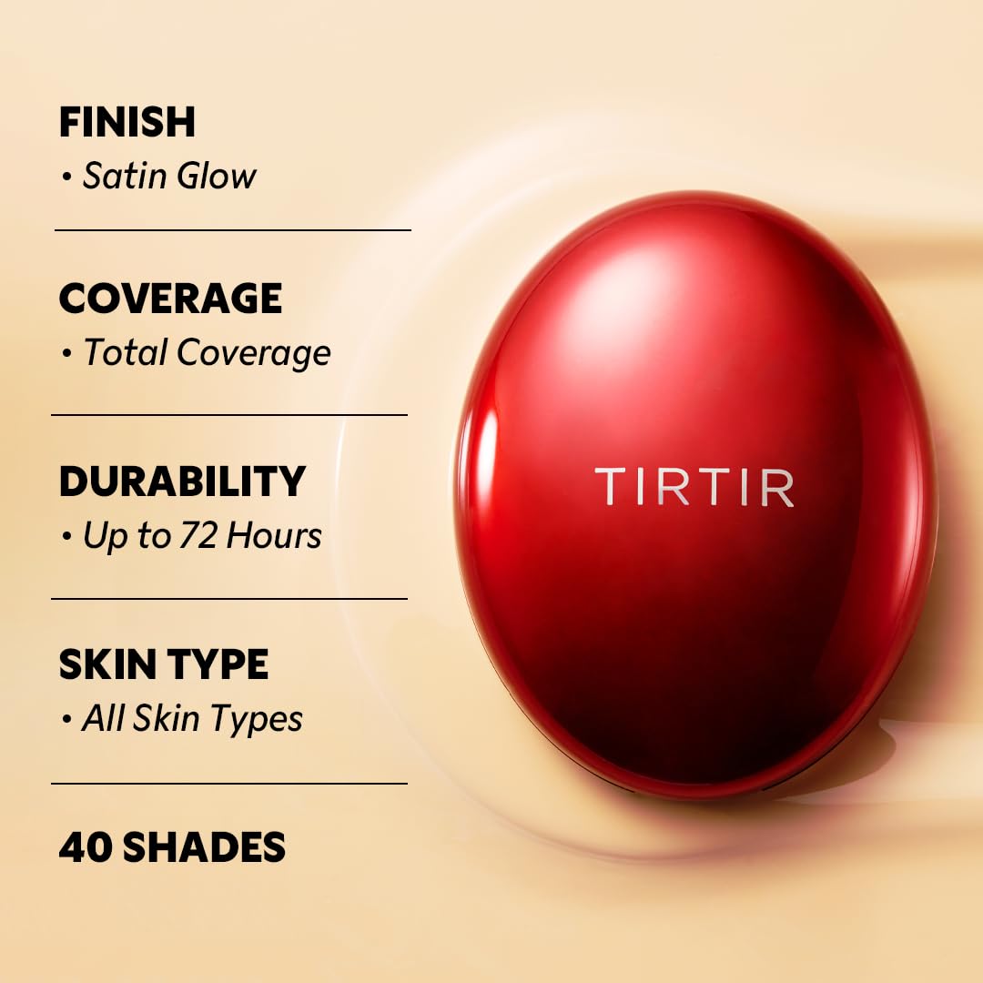 TIRTIR Mask Fit Red Cushion Foundation, Full coverage, Skin fit, Satin Glow Finish, Korean Cushion Foundation #10C SHELL, 4.5g