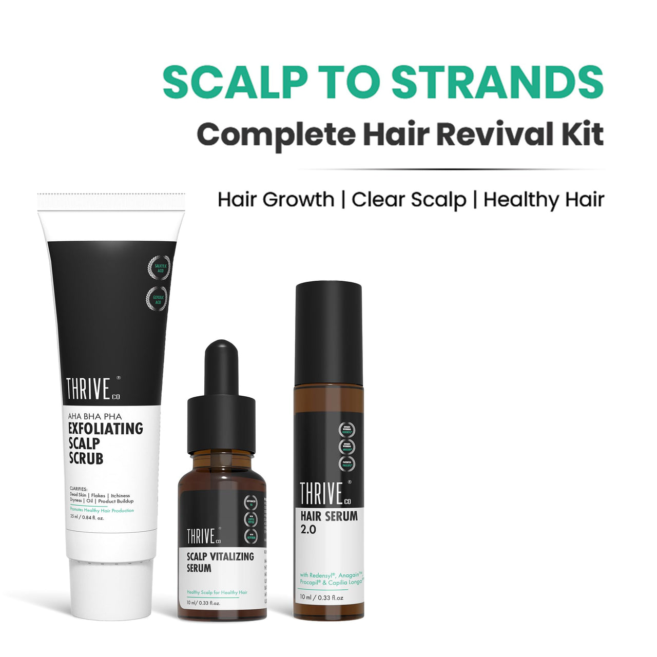 ThriveCo Hair Fall & Repair Kit | Exfoliating Scalp Scrub (25ml) | Vitalizing Serum (10ml) | Hair Serum 2.0 Roll On | Promotes Hair Growth, Clears Dandruff & Buildup | Travel-Friendly