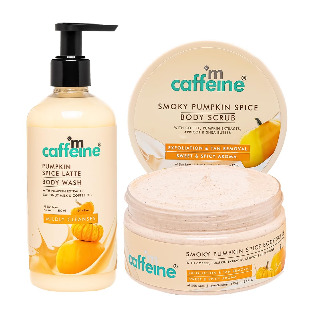mCaffeine Pumpkin Spice Cleanse & Detan Duo for Glowing Skin| Mildly Cleanses, Exfoliates, Detans|Pumpkin Body Wash - 300ml & Pumpkin Body Scrub - 175 g | Sweet & Spicy Pumpkin Aroma for Men & Women