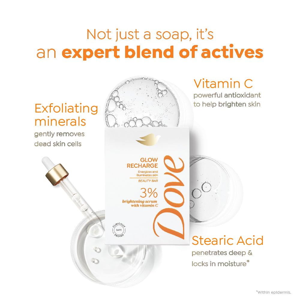 Dove Glow Recharge Serum Beauty Bar | 3% Brightening serum + Vit C | Energizes & Illuminates skin | Paraben & SLS free | 375g (125g x 3)