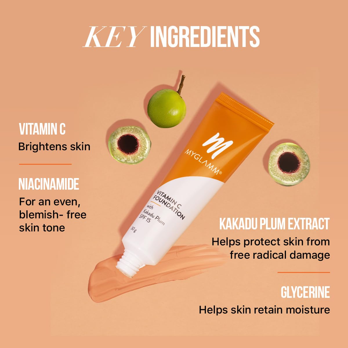 MyGlamm Vitamin C Foundation - Oat (Light Warm) | Long Lasting, Medium To Full Coverage Foundation With SPF 15 With Hyaluronic Acid (30g)