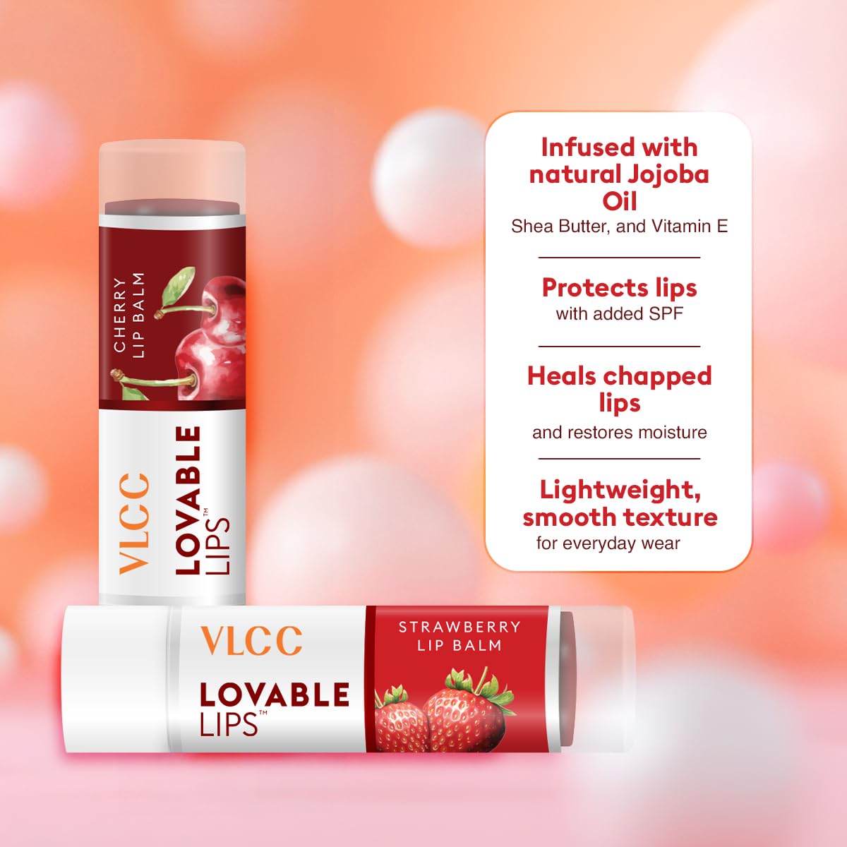 VLCC Roll On Lip Balm - Strawberry + Cherry - 4.5g + 4.5g | | SPF Protection | Infused with Jojoba Oil, Shea Butter, and Vitamin E for Soft, Nourished Lips
